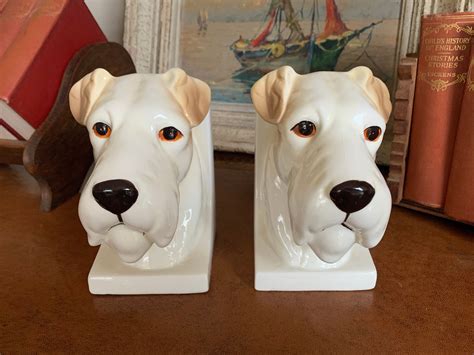 Beautiful Pair Of Vintage Ceramic Terrier Dog Bookends