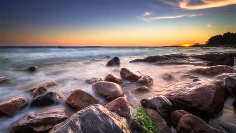 Finlandia Wyspa Reposaari Morze Botnickie Kamienie Zachód Słońca