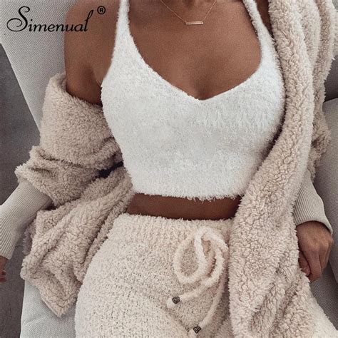 Simenual V Neck Furry Women Tank Tops White Streetwear Korean Camis Sexy Casual Strap Crop Tank