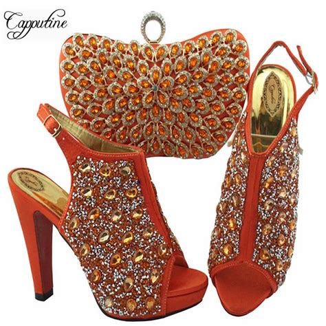Buy African Ladies Orange Shoes And Bag Set For Wedding Itallian Fashion High
