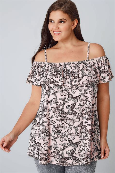 Blush Pink Butterfly Print Frilled Cold Shoulder Jersey Cami Top Plus