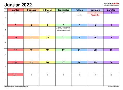 Kalender Januar 2022 Als Excel Vorlagen