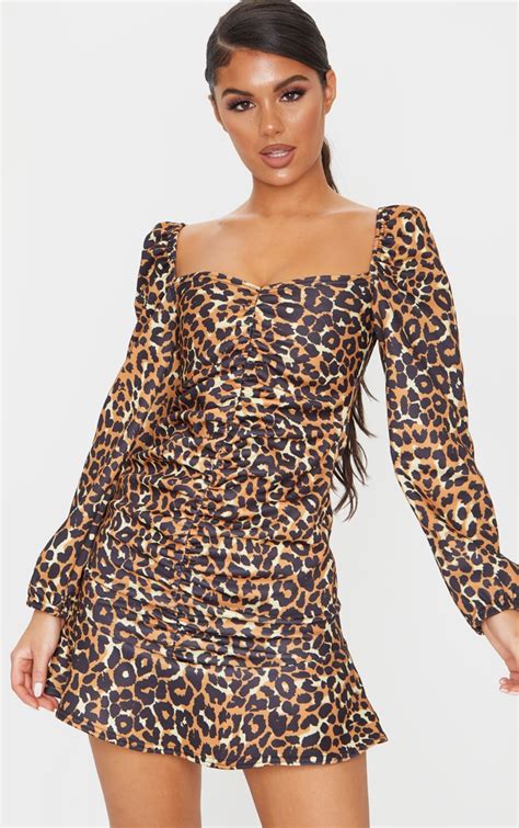 Tan Leopard Print Ruched Frill Hem Bodycon Dress Prettylittlething Ie