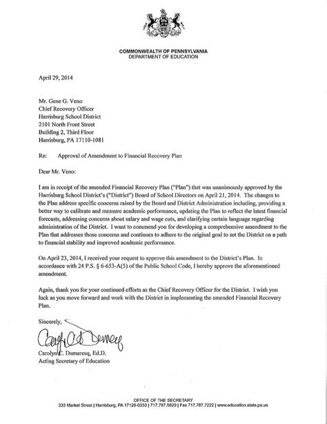 Pa Dept Of Ed Validation Letter Of Harrisburg Recovery Plan