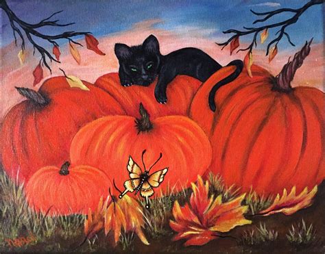 Halloween Art Pumpkins Black Cat Butterfly Fall Giclee Print