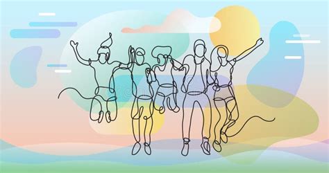 Continuous Line Drawing Of Happy Group Of Students Jumping Stock Vector