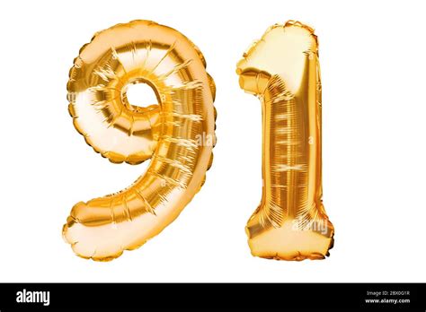 Number 91 Ninety One Made Of Golden Inflatable Balloons Isolated On