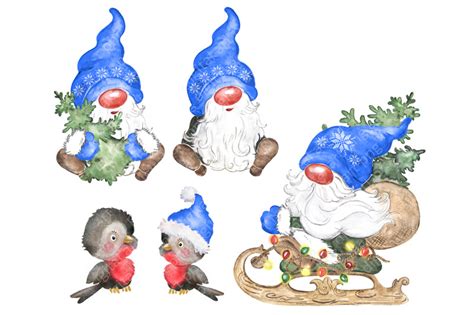 Christmas Gnomes Watercolor Clipart Scandinavian Gnomes