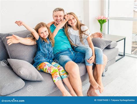 Dad And His Two Smiling Daughters Stock Photo Image Of Smiling Sweet