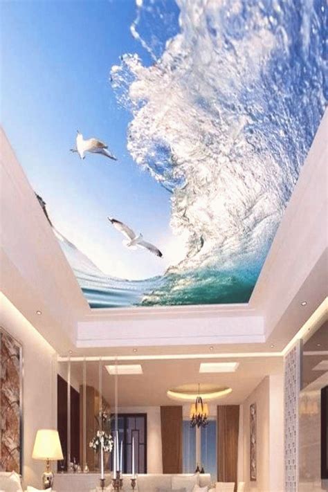 3d Ceiling Wallpaper Large Ocean Wave And Seagulls Wallpaper Mural 3d