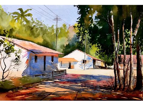 Village Life Watercolor Painting By Abhijeet Bahadure Exotic India Art