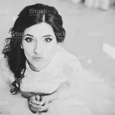 Happy Smiling Bride Posing Wedding Portrait In Black And White Stock