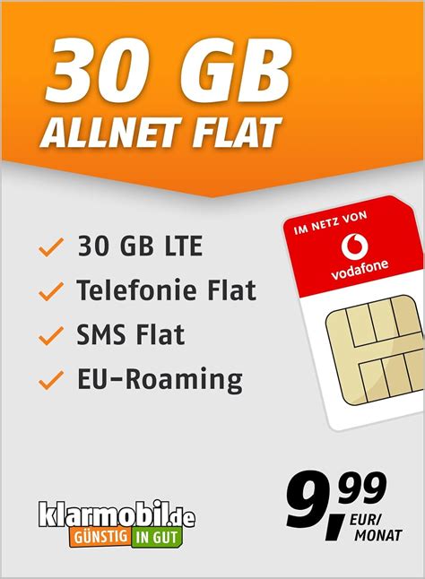 Klarmobil Allnet Flat 30gb Handyvertrag Für Das Vodafone Netz Mit