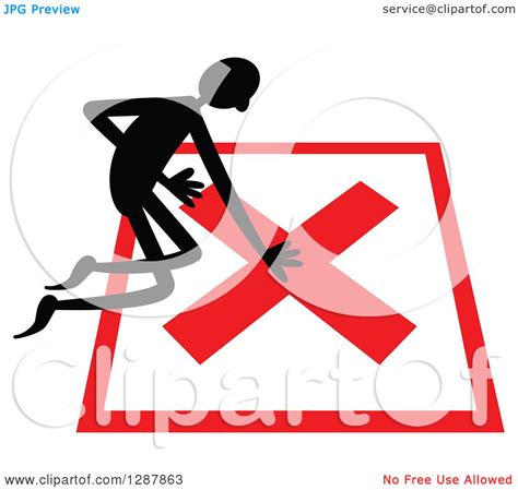 Clipart Of A Black Stick Man Kneeling On A No Wrong Or Declined X