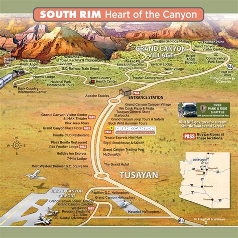 A Map Of The South Rim Heart Of The Canyon With Many Places To See It