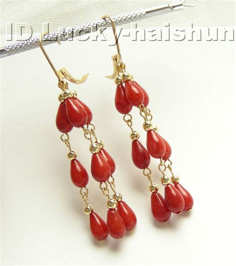 Aaa Lovely Genuine 100 Natural Red Coral Earrings 14kt Gold Hoop Dangle J4183 Ebay