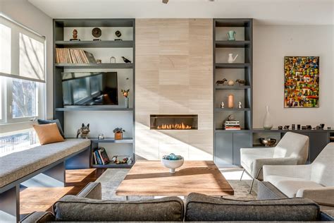 West Townhome Living Room With Contemporary Builtins And Custom Window