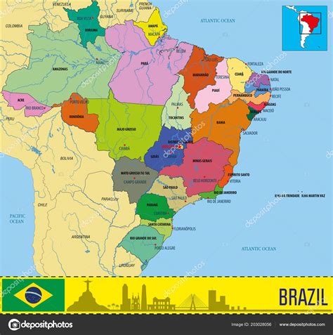 Politisk Karta Över Brasilien Med Regioner Och Deras Huvudstäder
