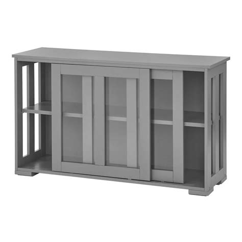 A Gray Cabinet With Glass Doors And Shelves