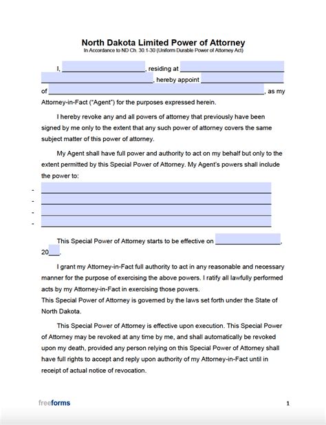 Free North Dakota Limited Special Power Of Attorney Form PDF WORD