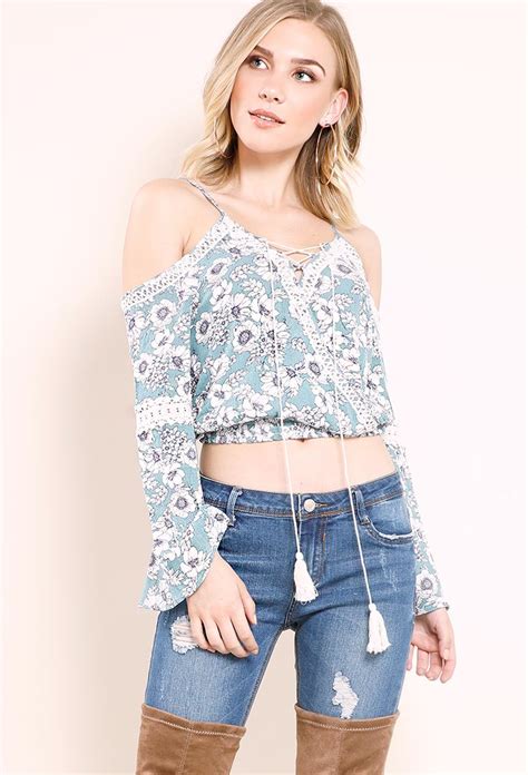 Open Shoulder Floral Cropped Top Crop Tops Papaya Clothing Clothes