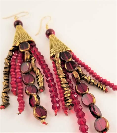 bohemian crystals beaded long tassel earrings trendy crystals long earrings bold statement red