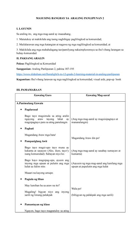 Lesson Plan Araling Panlipunan 1 Masusing Banghay Sa Araling