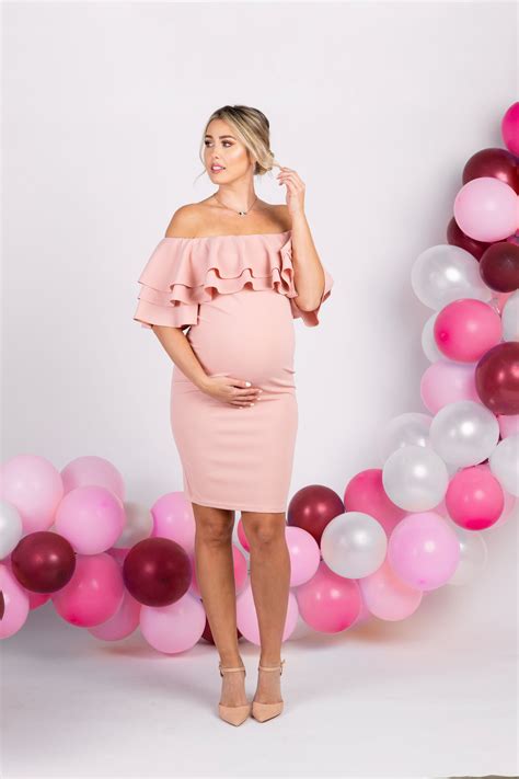 Light Pink Layered Ruffle Off Shoulder Fitted Maternity Dress Maternity Dresses For Baby
