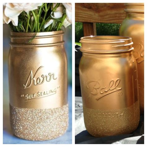 Gold Glitter Mason Jars Placed Jars Upside Down And Sprayed With