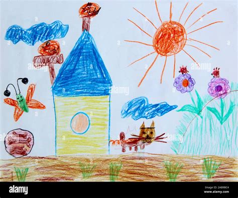 Joy Summer Childrens Drawing With Butterflies Houses And