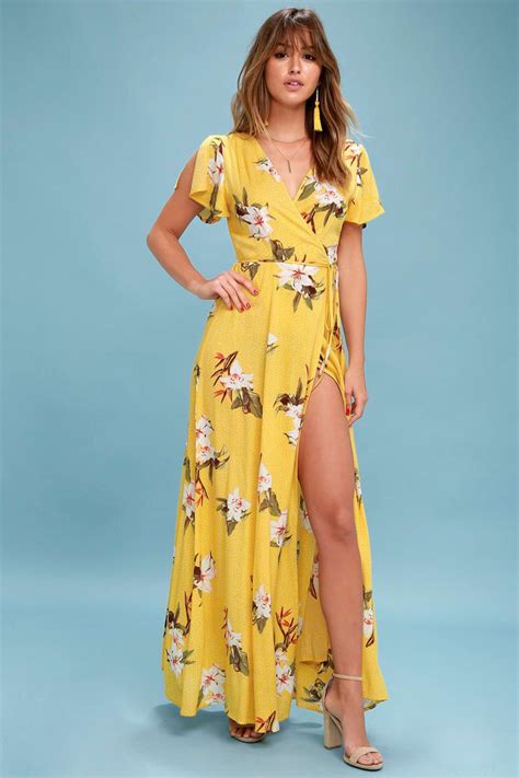 Lovely Yellow Tropical Print Dress Wrap Dress Maxi Dress Yellow