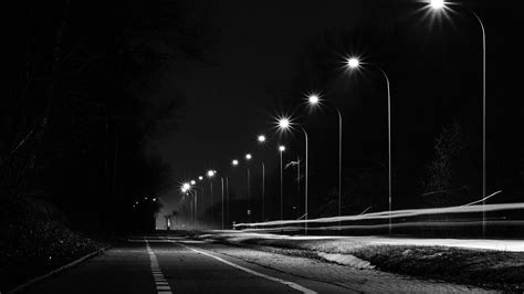 Mx29 Street Lights Dark Night Car City Bw Wallpaper