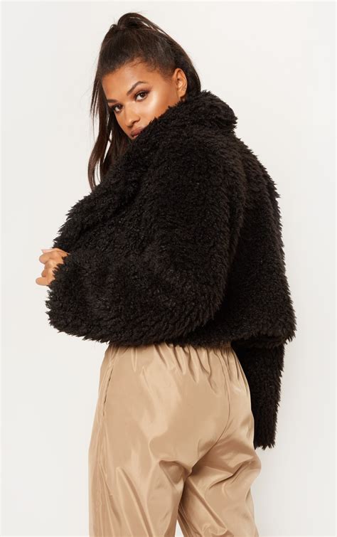 black teddy faux fur cropped jacket prettylittlething il
