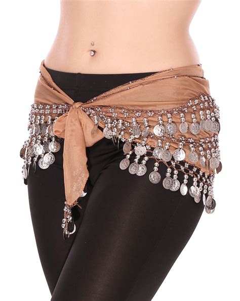 Chiffon Mocha Belly Dance Hip Scarf With Beads And Silver Coins At
