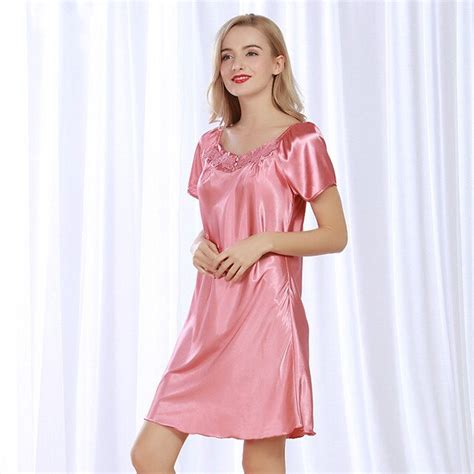 New Faux Silk Sweet Young Women Nightgown Printed Fashion Knee Length Girl Sleepwear Summer