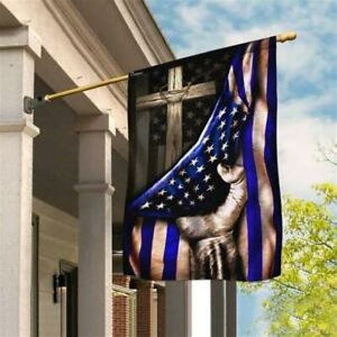 The Thin Blue Line Christian Cross America Us Flag House Flag Etsy