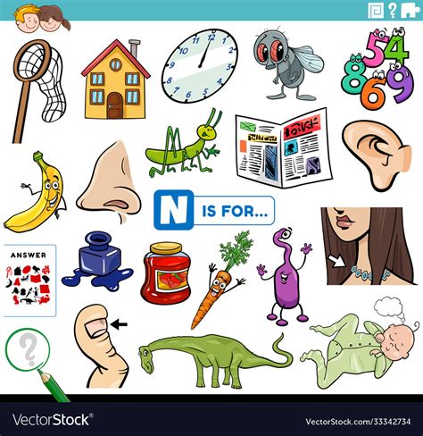 Letter N Words Educational Task For Children Vector Image