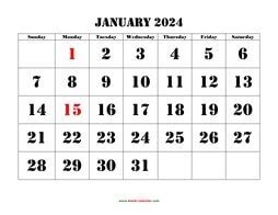Free download printable calendar 2024, large box grid, space for notes