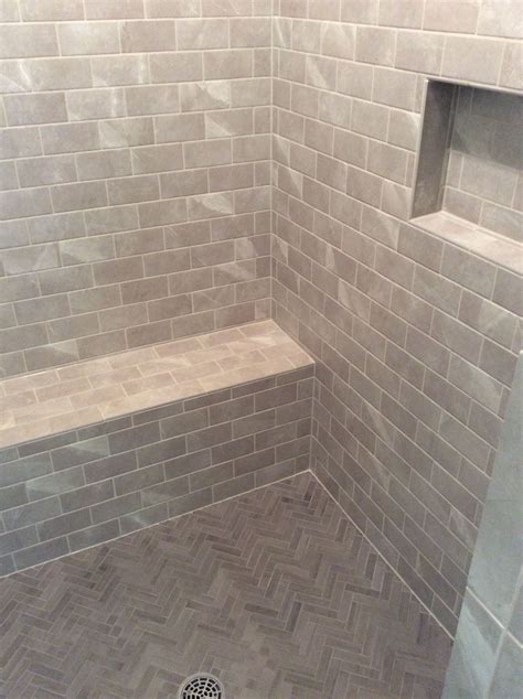 Walk In Shower With Bench Seat Herringbone Floor Grey Toned Tile And