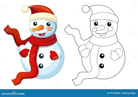 Happy Cartoon Snowmen Smiling And Watching Isolated With Coloring