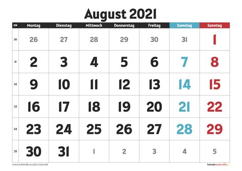 Kostenlos familienkalender 2020 und 2021 zum selbst. Kalender August 2021 zum Ausdrucken mit Ferien - Kalender ...