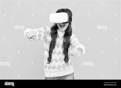 Happy Teen Girl Wear Wireless Vr Glasses Using Vr Headset Kid Play