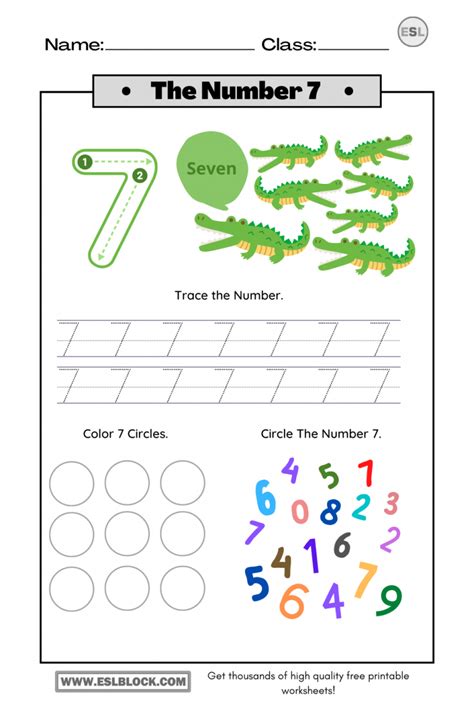 Tracing Number 7 Worksheets English As A Second Language