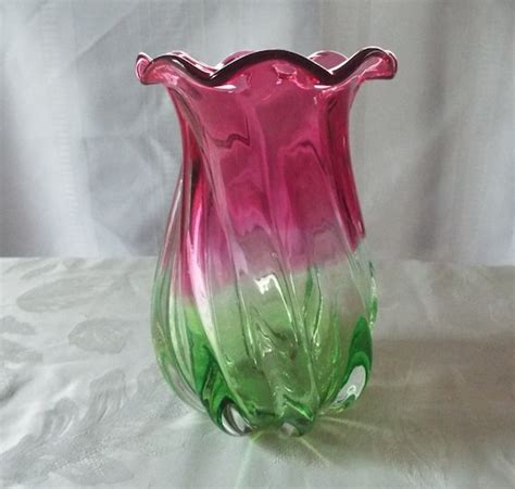 Vintage Mid Century Glass Vase Pink And Green Fluted
