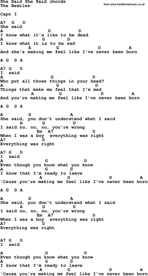 Song Lyrics With Guitar Chords For She Said She Said The Beatles