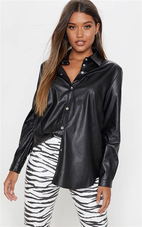 Black Faux Leather Oversized Shirt Tops Prettylittlething
