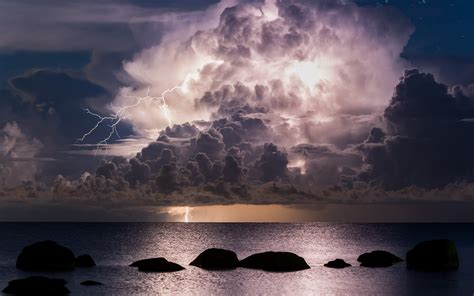 Nature Landscape Lightning Sea Clouds Storm Night Rock Water