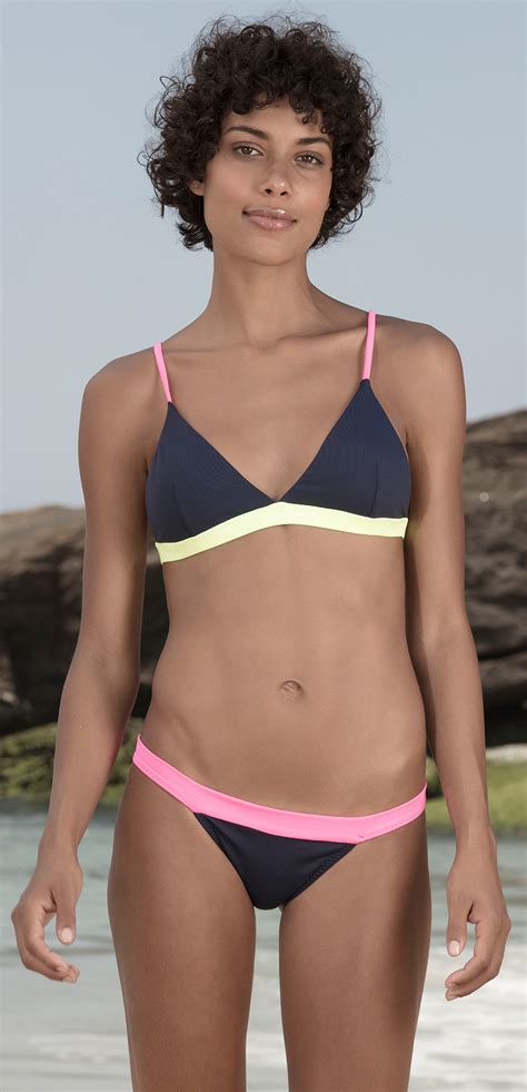 Two Piece Swimwear Navy Bikini With Flashy Pinkyellow Edges Mira