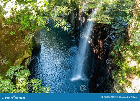 Takachiho Gorge Cliffs And Waterfall By The Gokase River Tourist