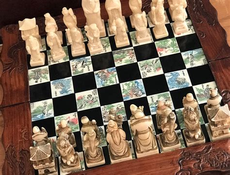 Asian Chess Set Vintage Chess Set Carved Wood Chest Asian Collectors